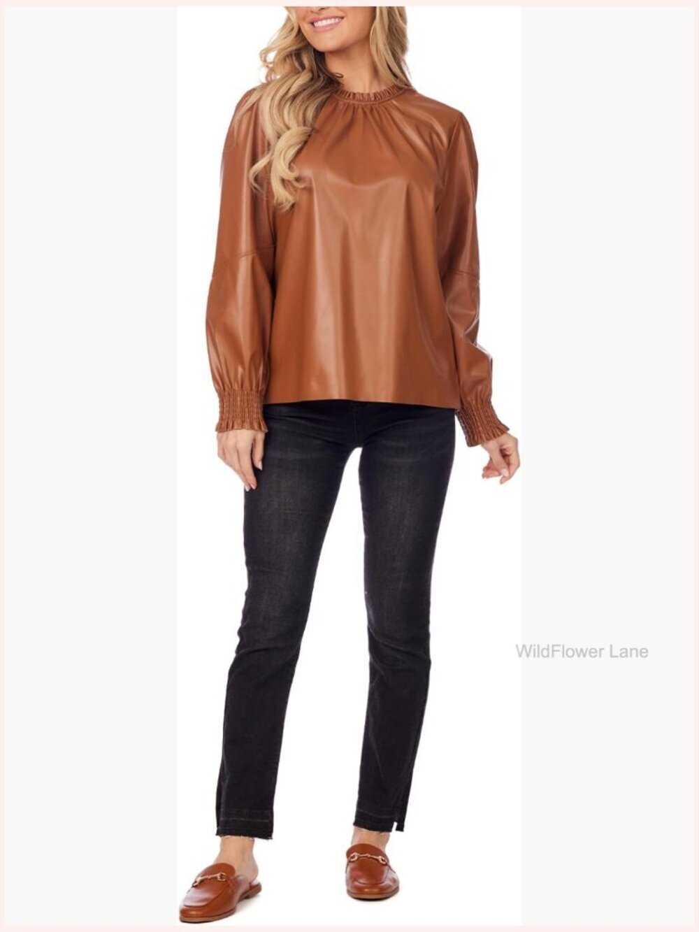 Women's Faux Leather Long Sleeve Ruffle Neck Pullover Top